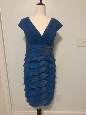 Adrianna Papell Blue V-Neck Tiered Ruffle Midi Dress